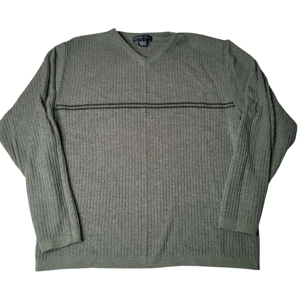 Geoffrey Beene Sweater Mens L Green V-Neck Merino Wool Blend Ribbed Striped‎